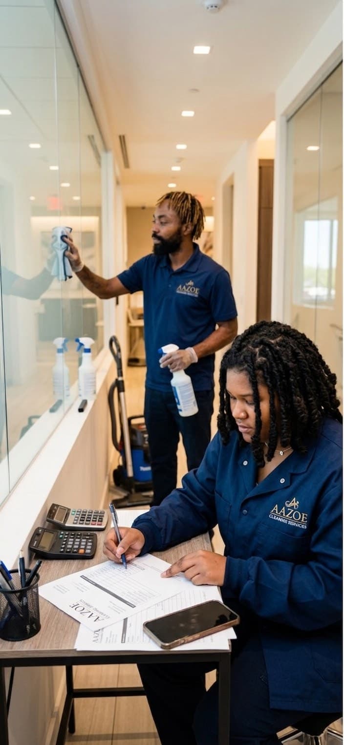 A woman in a blue uniform writes on forms while a man cleans glass windows.