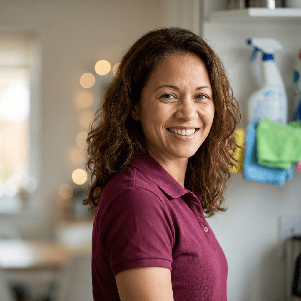 Focused professional cleaner in navy uniform preparing supplies