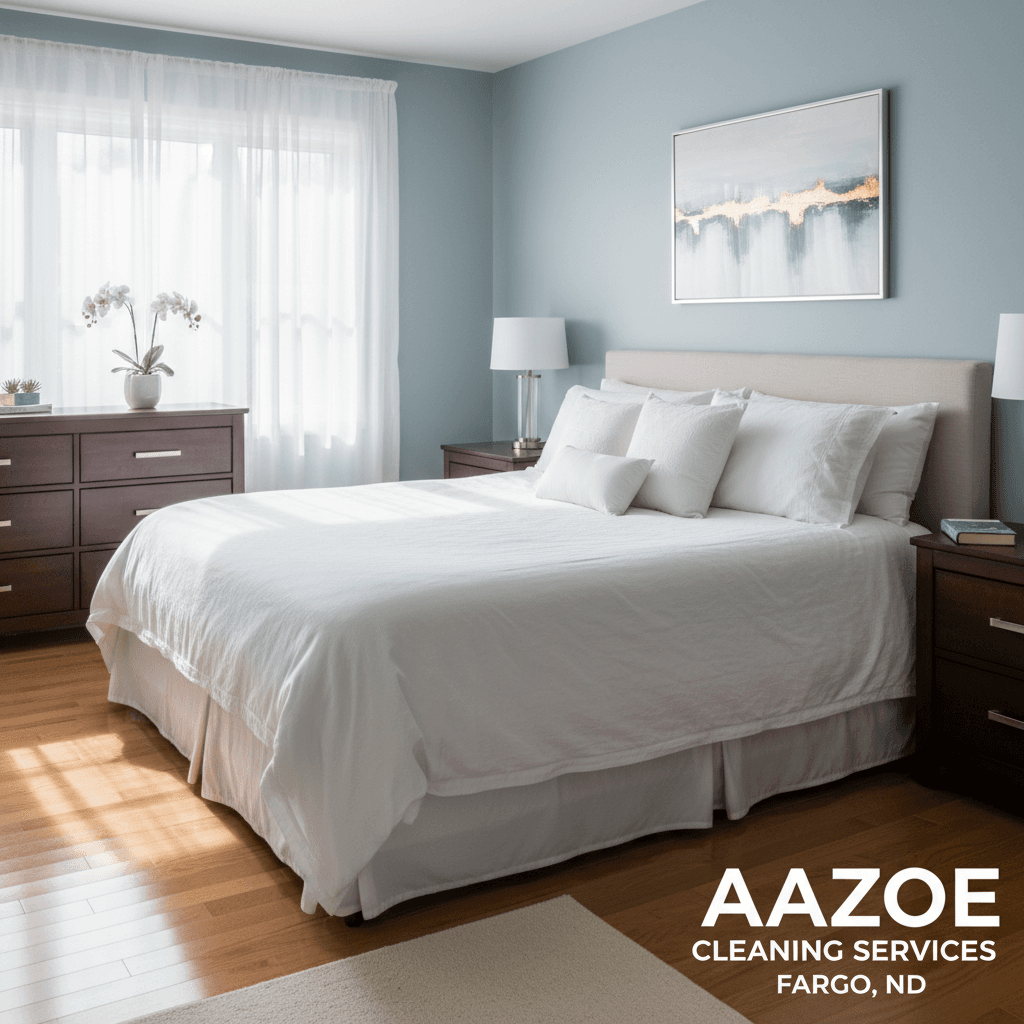 Pristine bedroom with neatly made bed and sunlight through a window, showcasing cleanliness
