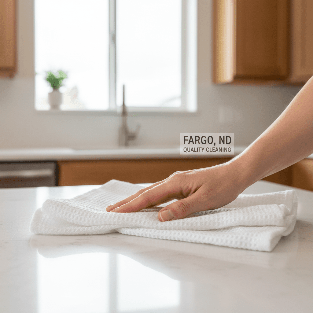 Hand smoothing a folded white towel on a clean countertop