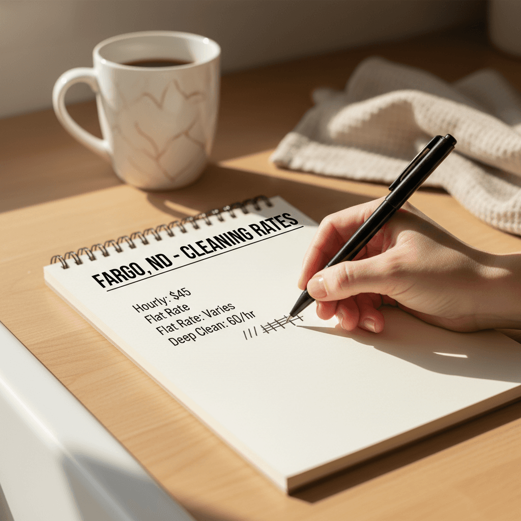 Hand jotting a tally on a notepad beside a coffee mug on a kitchen counter