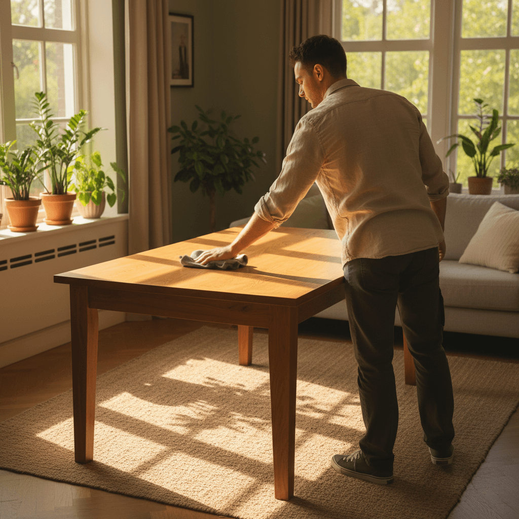 Cleaner wiping a wooden dining table with a damp cloth in a bright living room