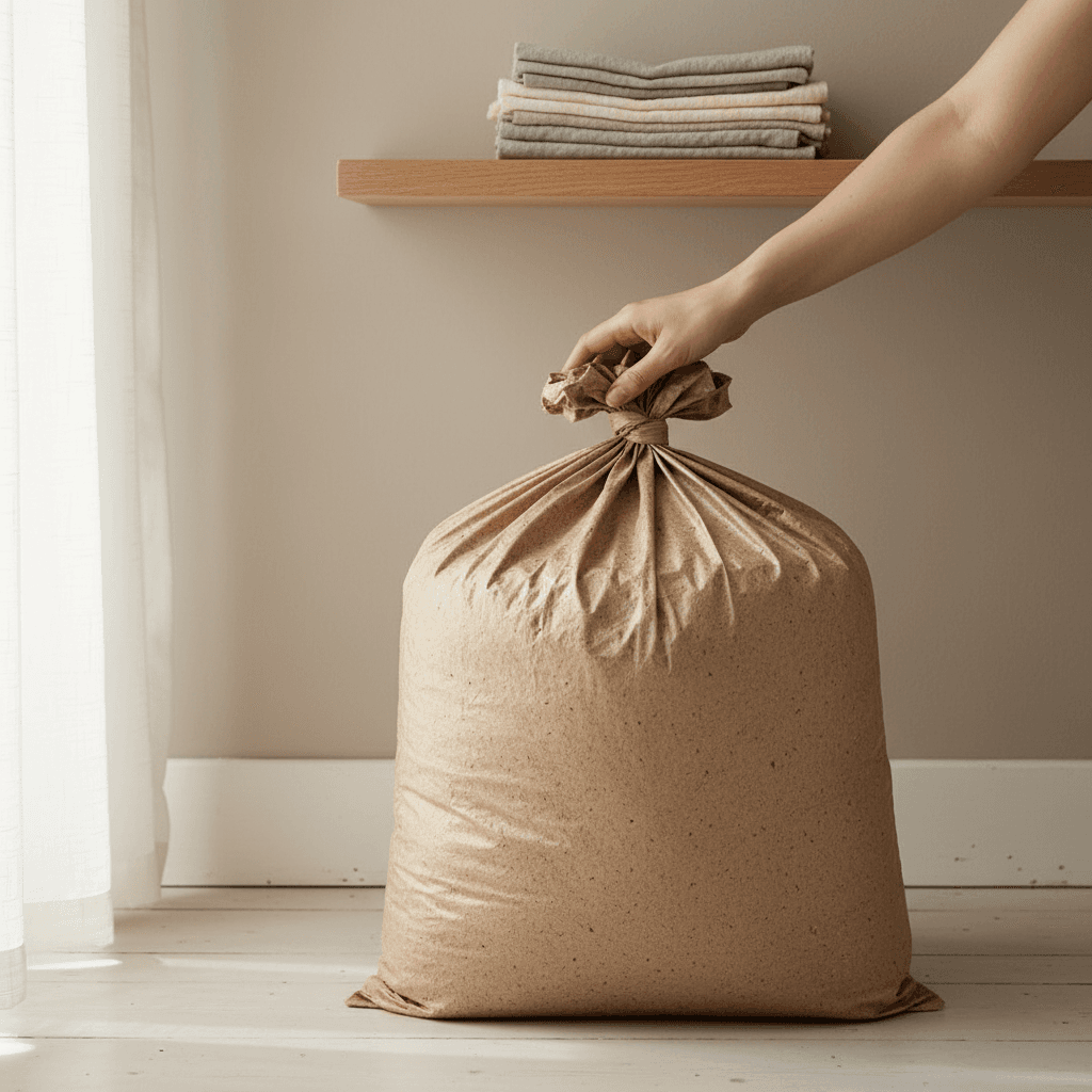 Tying off a compostable waste bag on a laundry room floor after a clean