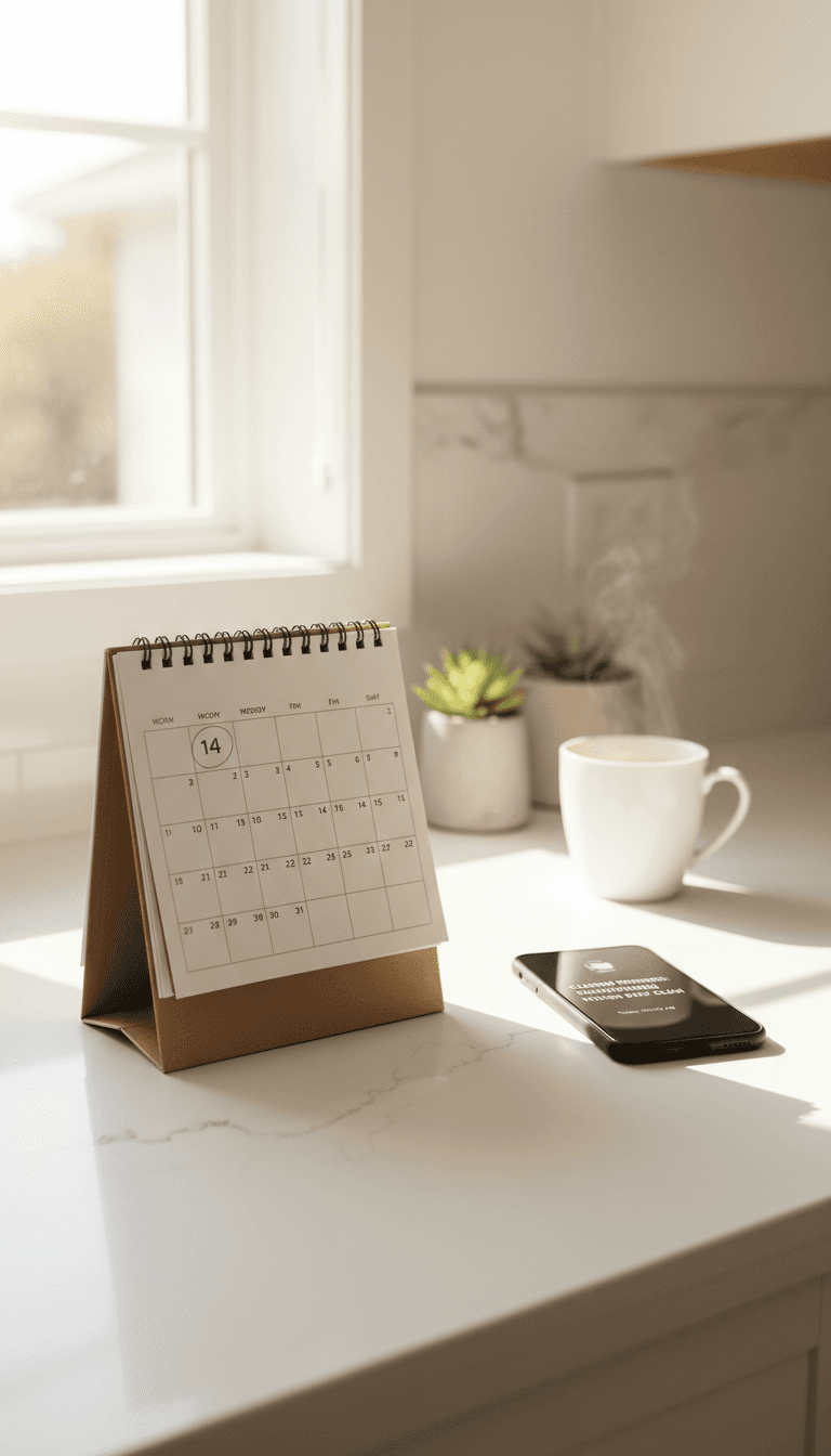 Clean kitchen counter with a scheduled cleaning reminder