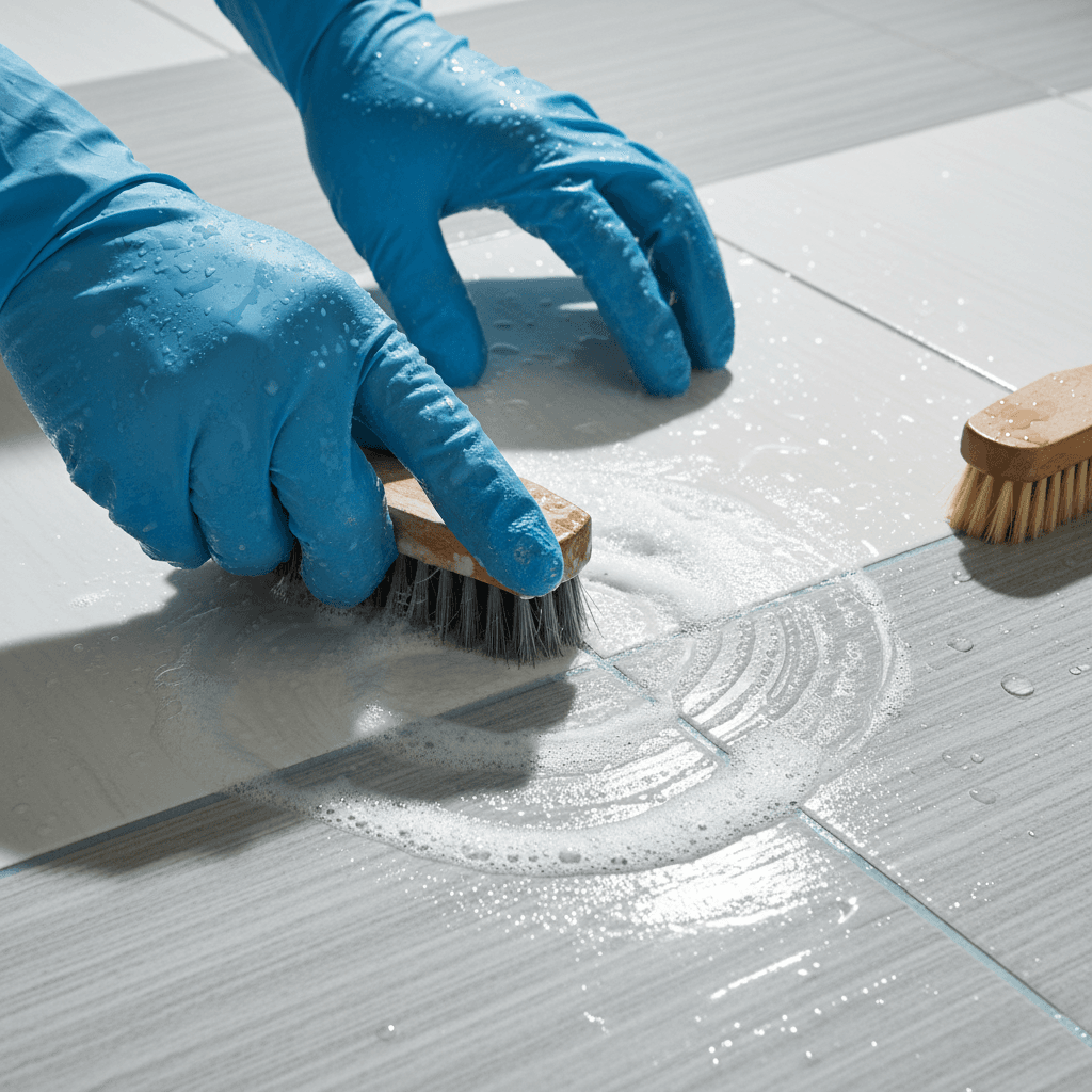 Gloved hands scrubbing bathroom tile grout with a small brush