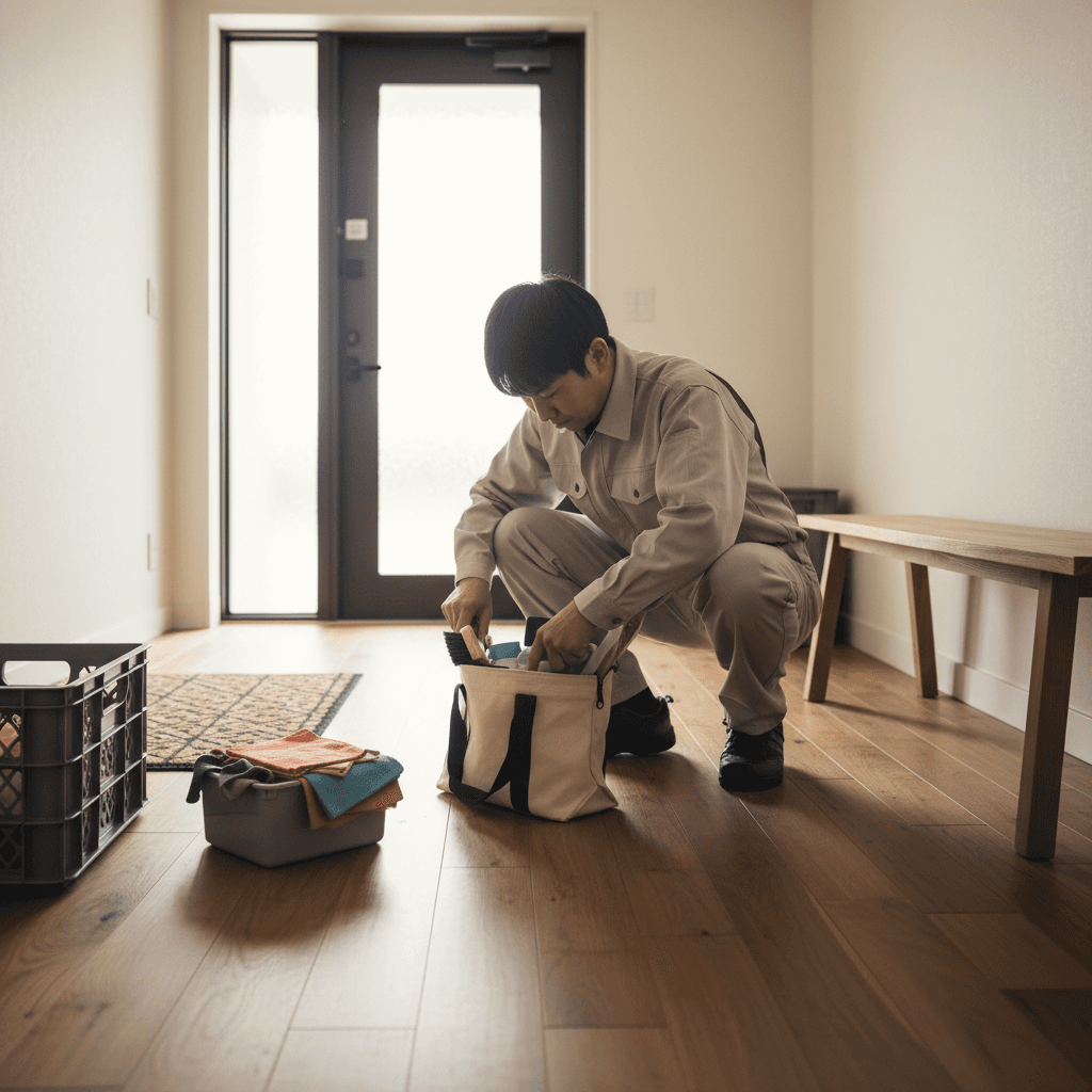 Cleaner packing away a supply tote in a tidy home entryway
