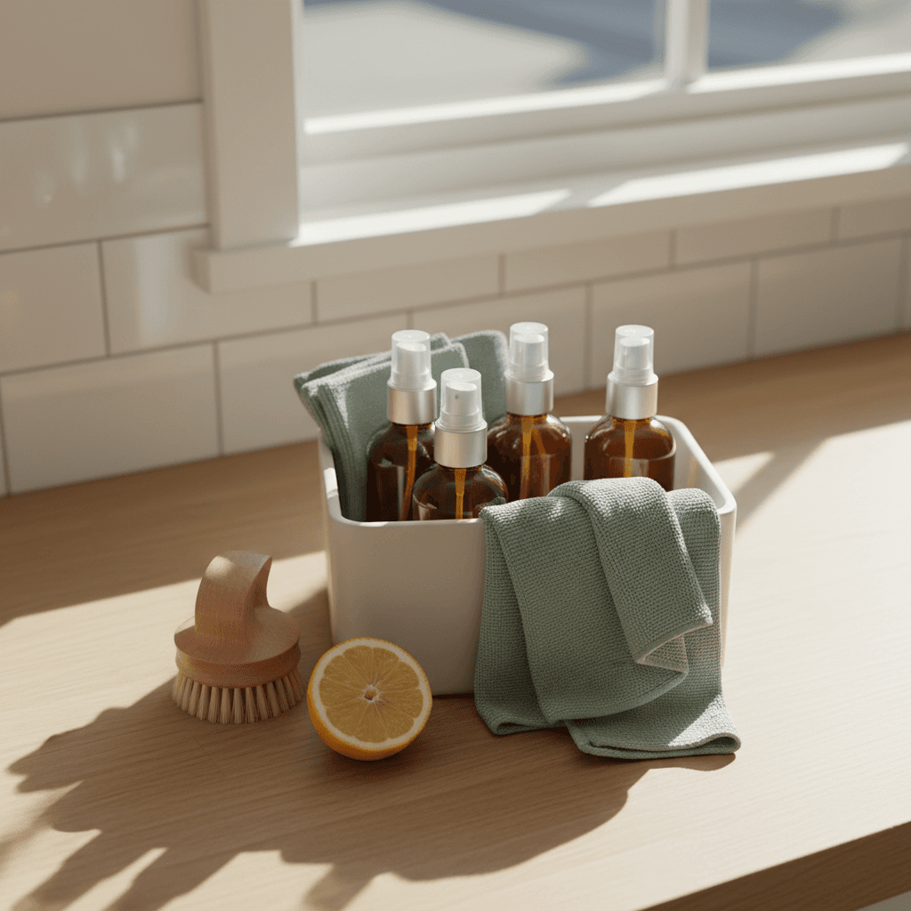Refillable spray bottles and cloths in a green cleaning caddy on a kitchen counter