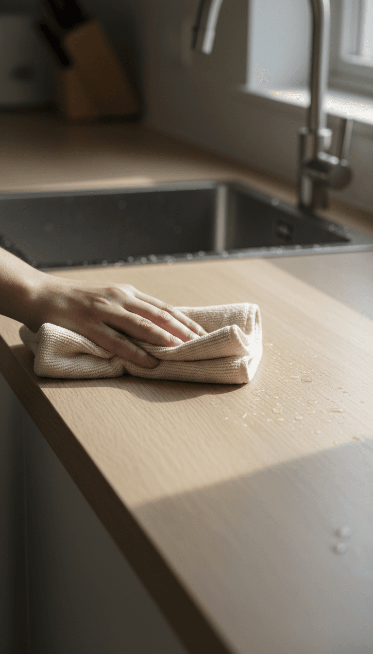 Close-up of a kitchen counter being wiped with a microfiber cloth in a bright Fargo home