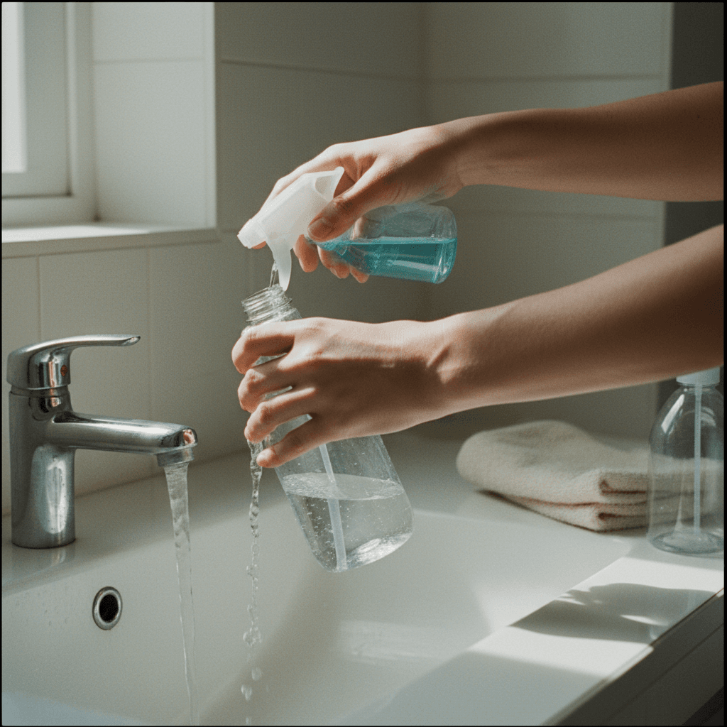 Hands mixing a diluted refill spray bottle at a kitchen sink