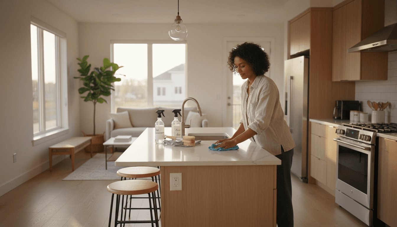 Cleaner wiping a kitchen counter in a bright Fargo home