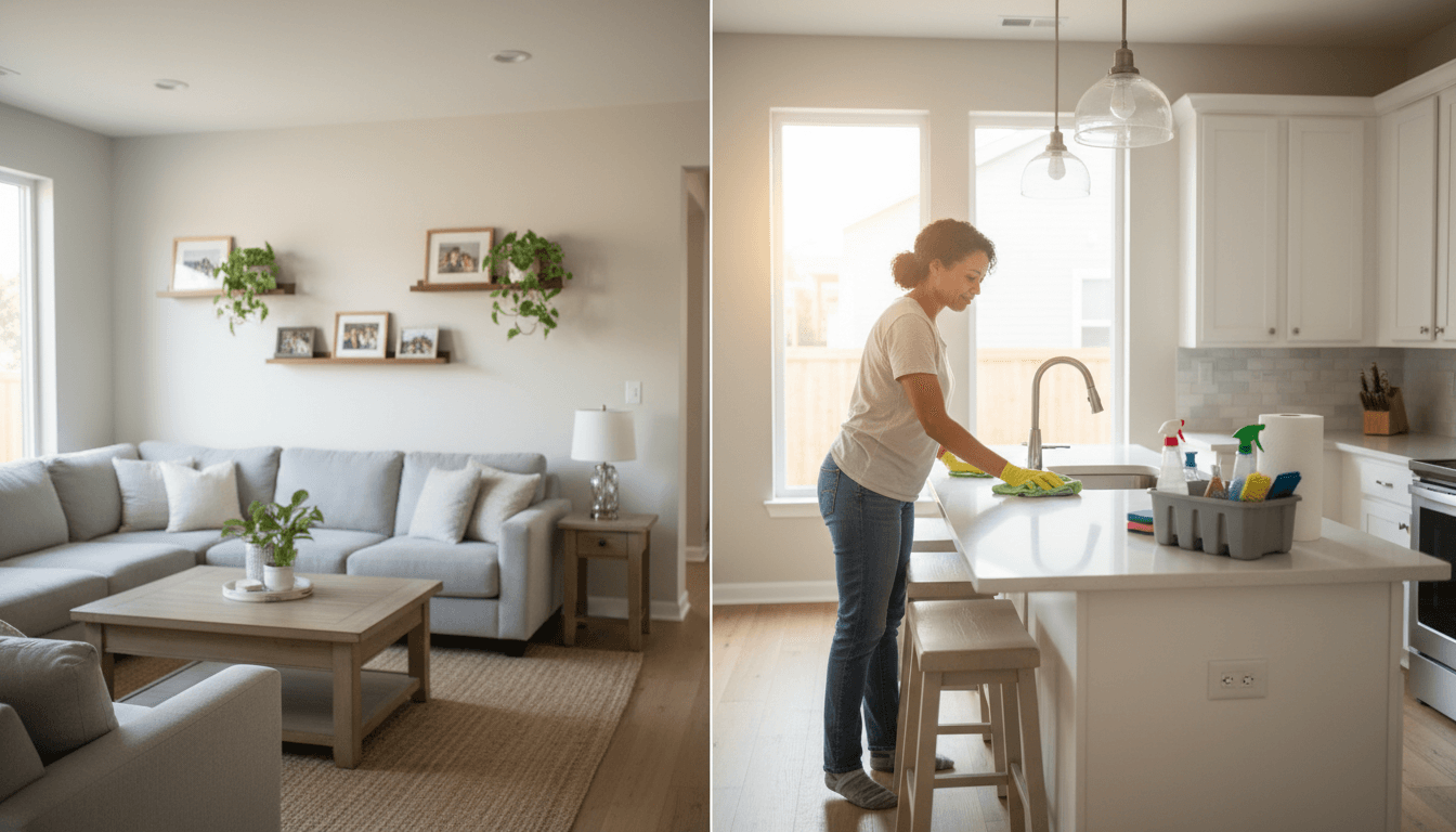 Professional cleaner wiping kitchen counter in a bright Fargo home